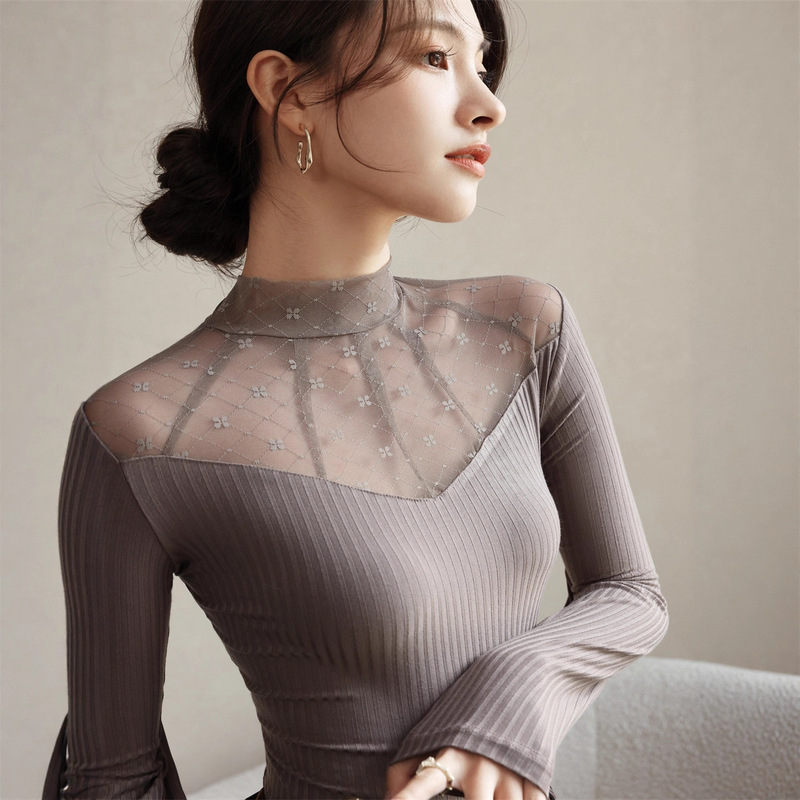 Enlarge Base Shirt 2024 New Lace Thread Cotton Long Sleeve Underwear Base Shirt Hollow Lace Base Shirt