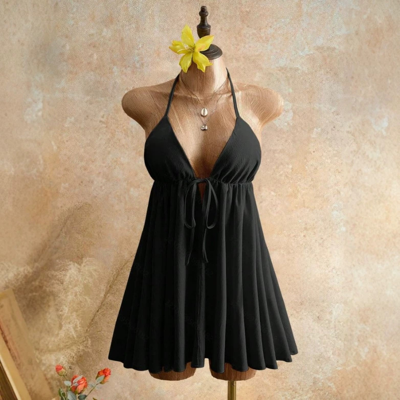 Summer Sexy Halter Neck Dress for Women, Deep V Neck, Backless, Tie-Waist Mini Dress, Suitable for Beach Parties