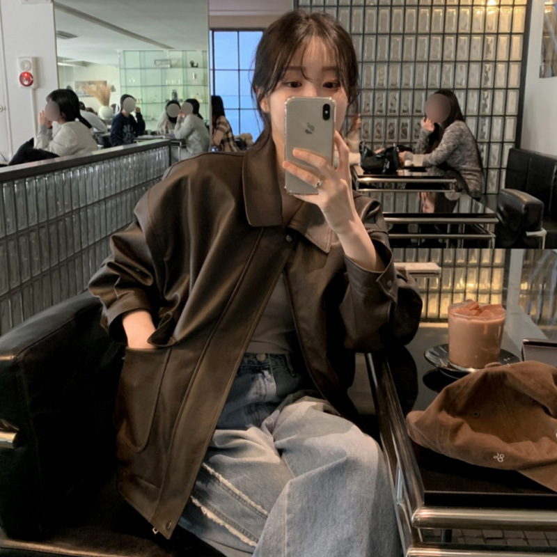 Korean Spring & Fall Retro High-End American Motorcycle Short Jacket for Women, Handsome and Versatile Lapel Pu Leather Jacket