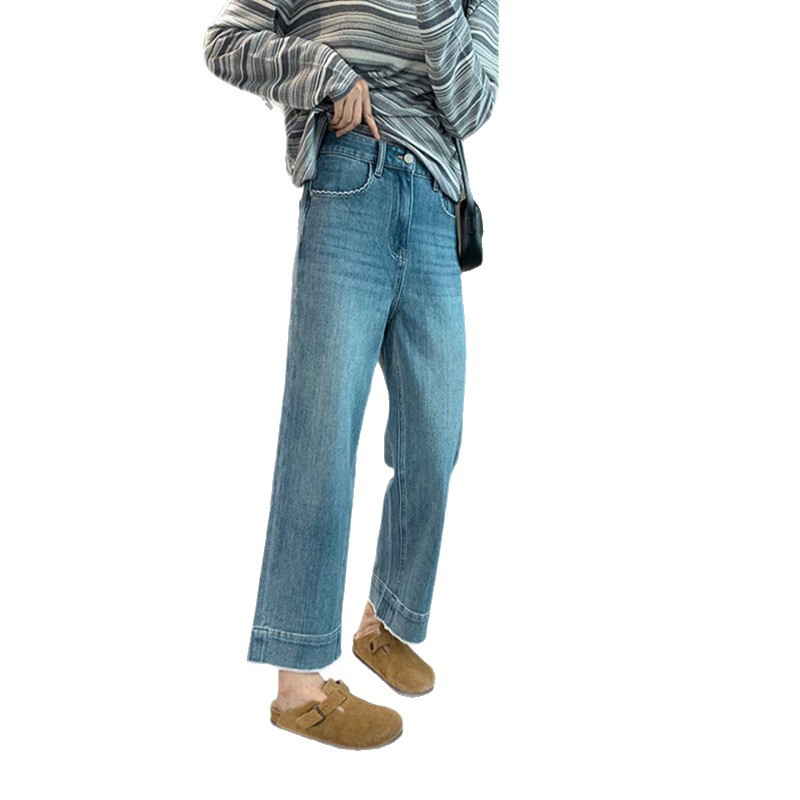 Jeans azules para mujeres de otoño nuevo tamaño grande pantalones elásticos de nueve puntos de moda pantalones rectos sueltos pequeños para cubrir la carne