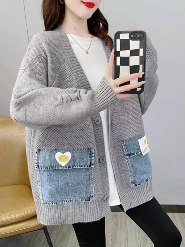 Special offer [official map] Denim stitching sweater coat 2024 autumn and winter new Korean version of loose smiling face lazy wind