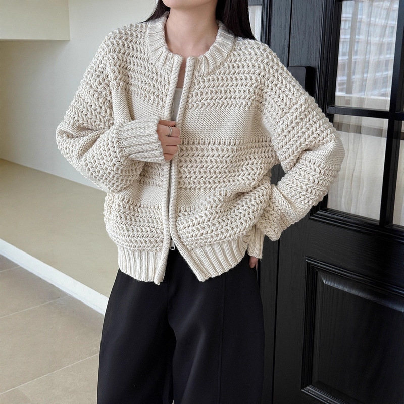 Retro Heavy-Duty Pineapple Needle Thick Sweater Jacket for Women 2025 Autumn and Winter Loose Thick Warm Zipper Knitted Cardigan