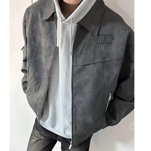 2025 American Style Retro Lapel Deer Fleece Leather Jacket Men's Spring and Autumn High-end Fashion Brand Short Bomber Jacket