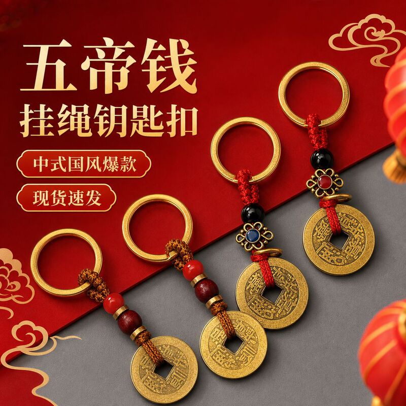 Five Emperors Money Pendant Keychain with Copper Yellow Rope and Red Rope Chinese Knot Copper Coin Car Hanging Ornament Small Gift in Stock Five Emperors Money Pendant Keychain with Copper Yellow Rope and Red Rope Chinese Knot Copper Coin Car Hanging Ornament Small Gift in Stock
