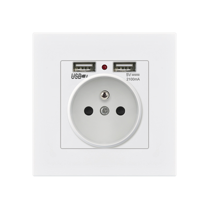 PC White 86-Type Wall Outlet with Two USB Charging Ports, European Standard, German Regulatory Compliance, French Design