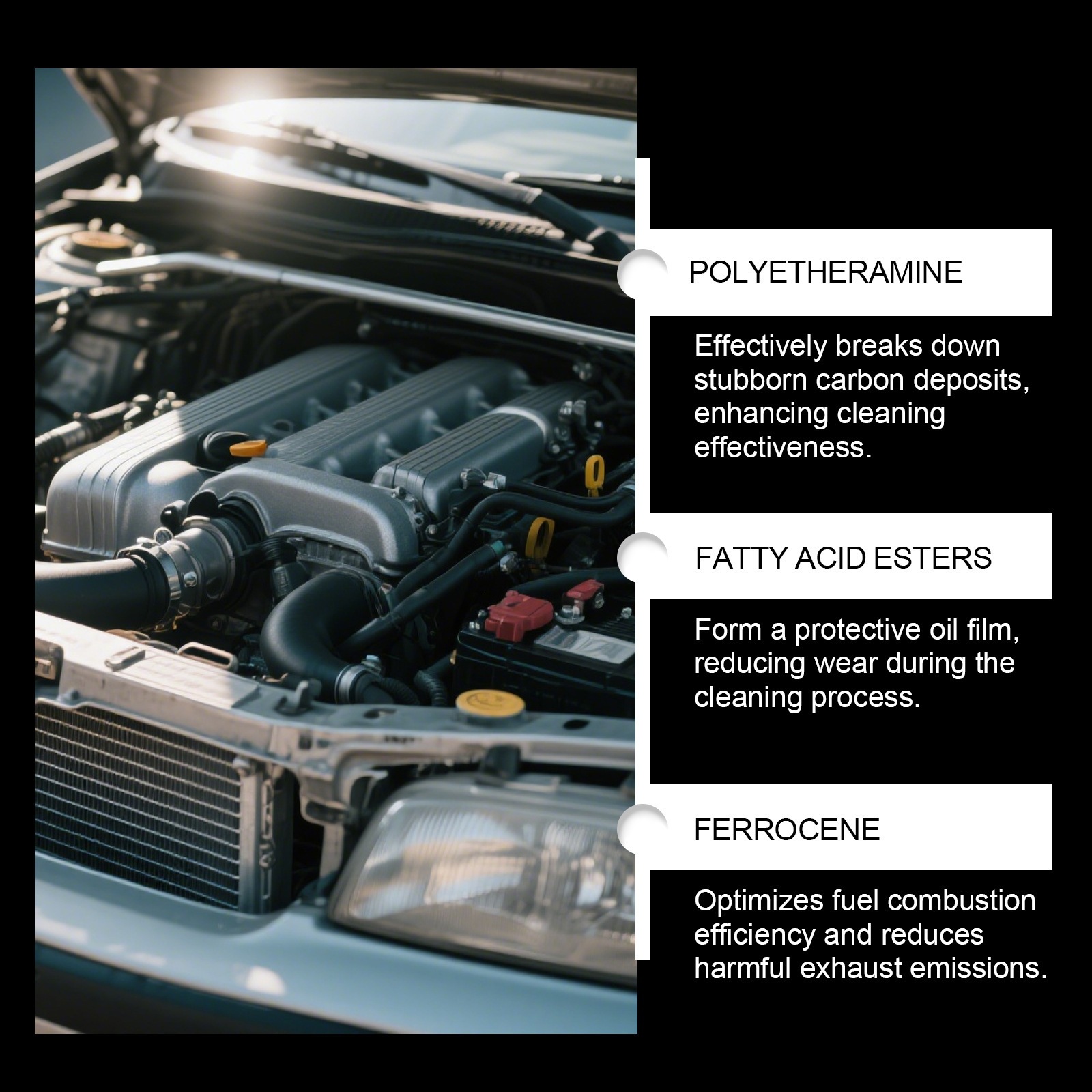 Gasoline fuel additives clean carbon deposits, reduce fuel consumption, protect car engine parts, and serve as a maintenance and cleaning agent