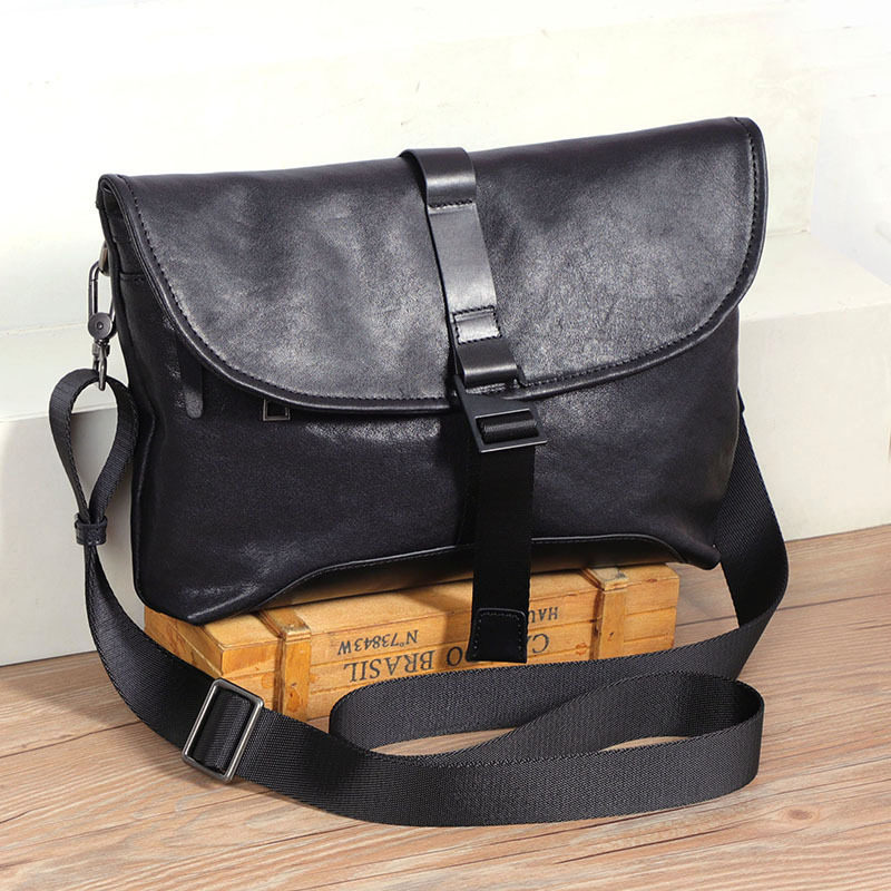Túi đeo chéo nam da bò thật kiểu dáng nhỏ gọn, túi cầm tay thời trang 29×11×17 cm — màu đen