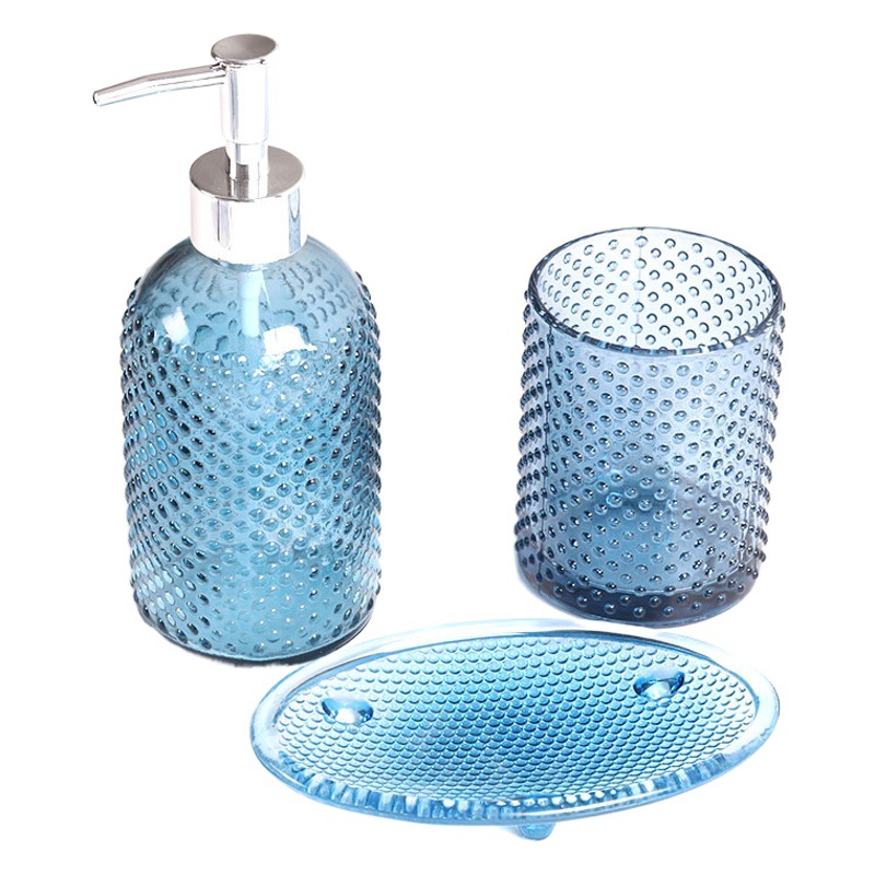 Juego de lavado de tres piezas Botella de vidrio Champú Gel de ducha Botella vacía Cepillo de dientes Taza de agua Acondicionador de hotel Botella subenvasada