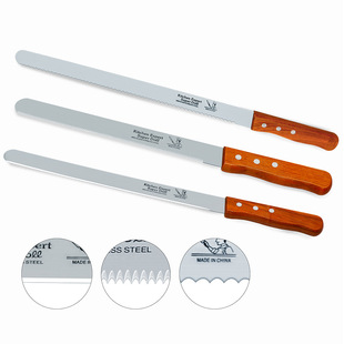 Cross-Border Wooden Handle Baking Cake Knife Fine Coarse Tooth Toast Serrated Knife 10/12/ 14inch Stainless Steel Cutter Bread Knife