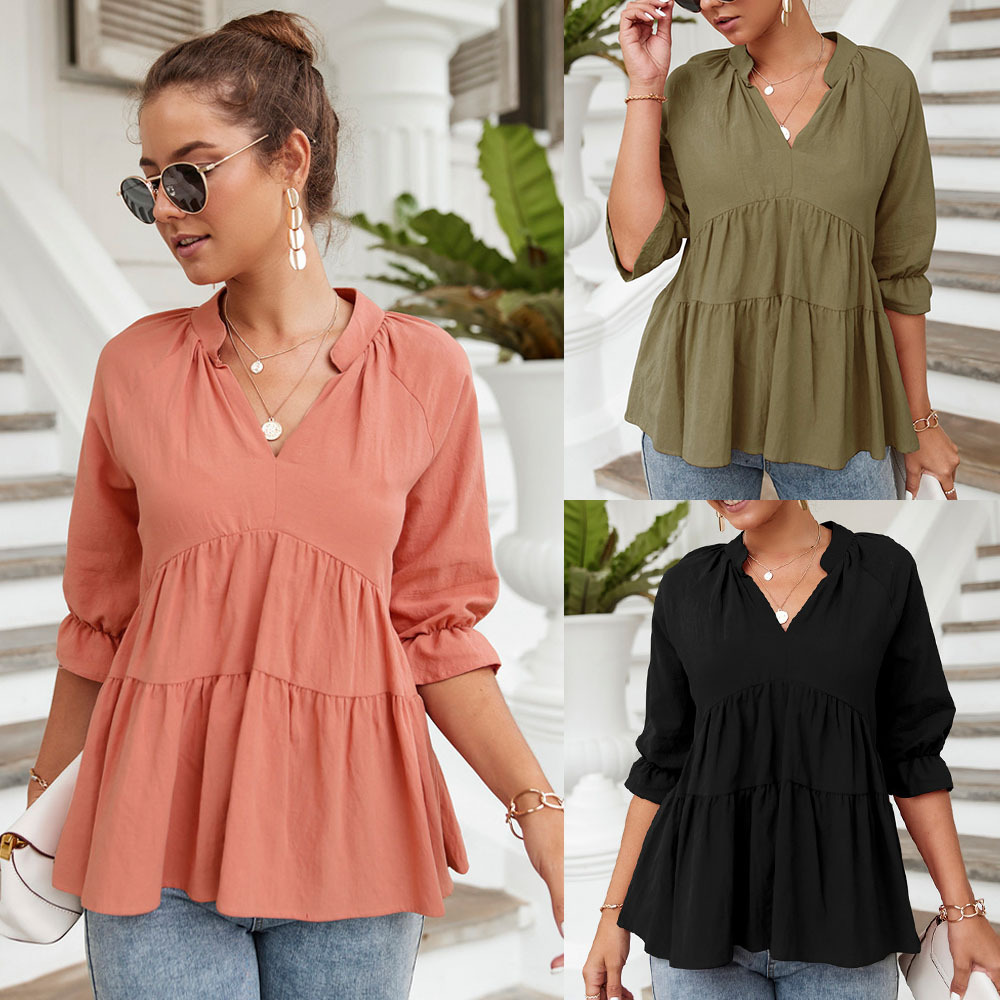 2022 Spring And Summer New Products Cross-border Women's Clothing Independent Station Ebay Amazon Hot Sale Loose V-neck Pleated Short Top
