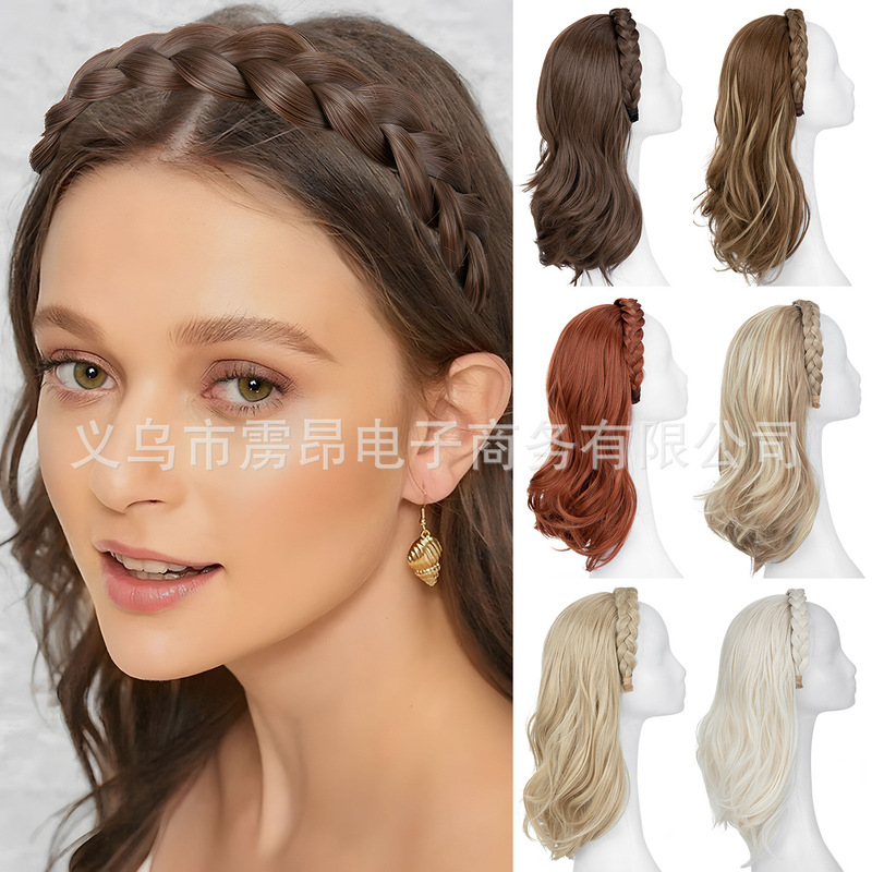 Foreign Trade European and American Style Women's Fishbone Braid Headband Integrated Hairpiece Long Curly Hair Synthetic Hair Half Wig Factory Direct Sale