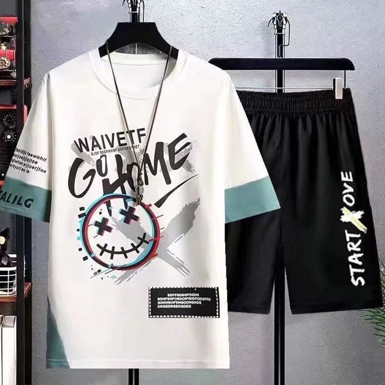 Men's Korean Style Short Sleeve Street Fashion Set Shan Shao Apparel Graffiti Inspired Five Sleeve Top With Shorts Black Gray White Casual Basic Fit_voghion.com