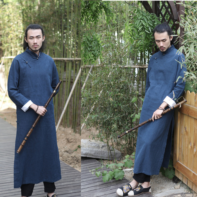 Chinese-Style Improved Long Robe, Republic of China Style Casual Long Gown, Taoist Robe, Ramie Fabric with Buttoned Diagonal Placket, Copper Buttoned Clothing, Tea and Meditation Attire