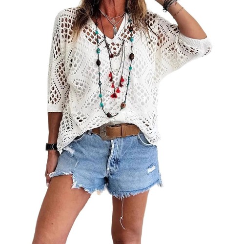 European and American Spring and Summer V-neck Embroidered Lace Batwing Sleeve Women's Knit Sweater Cover Shirt Women's Clothing