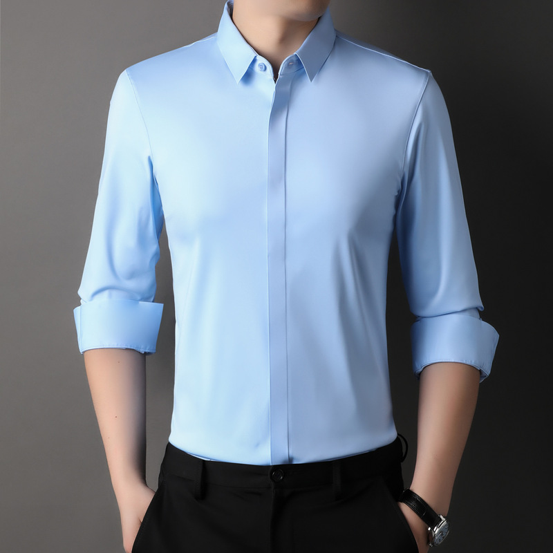 Autumn Hot-Selling Men's Long-Sleeve Shirt, Casual Wrinkle-Resistant, No-Iron, Hidden Placket, Solid Color, Seamless Shirt for Men, Wholesale Available