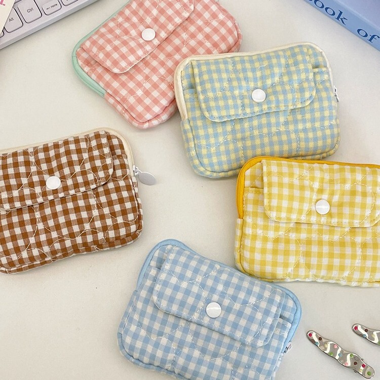 6431 Multi-color plaid quilted card holder with snap button, layered zipper design, women's ID storage bag, coin purse 6431 Multi-color plaid quilted card holder with snap button, layered zipper design, women's ID storage bag, coin purse