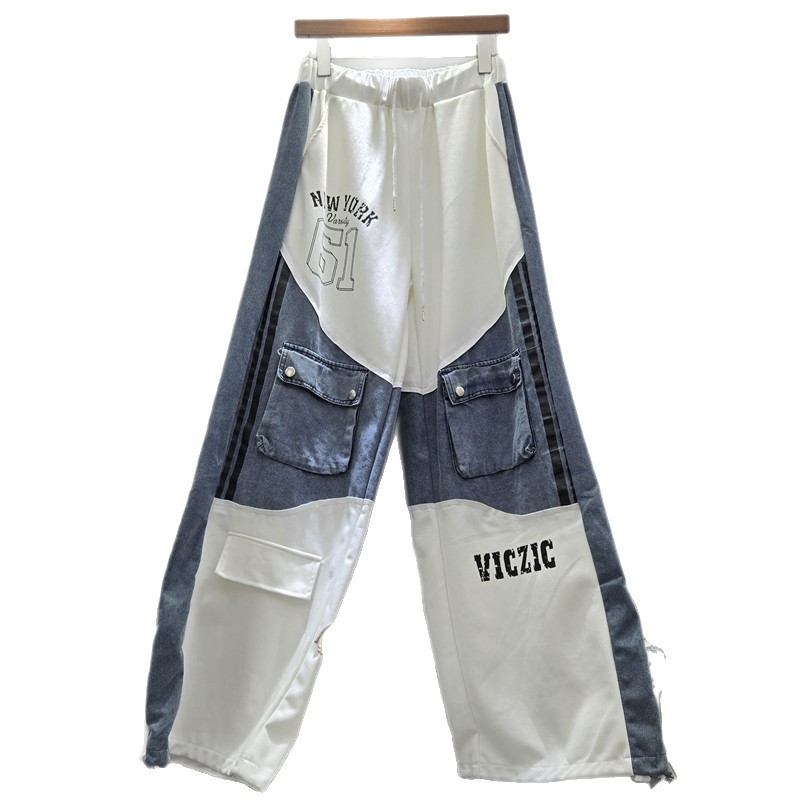 Diseño de color de contraste de marca de moda, sensación casual de jeans de estilo harpo, letras sueltas de impresión de pie, cuerdas de dibujo, pantalones de moda image 5