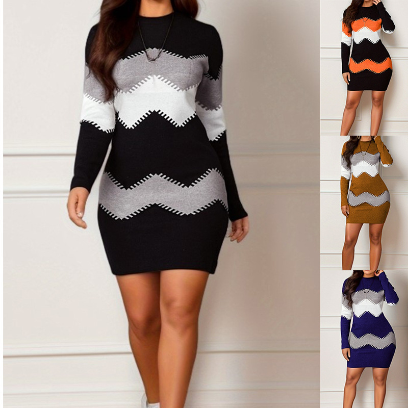 2023 Cross-Border European and American Clothing Amazon Mid-Length Short Skirt Round Neck Long-Sleeved Printed Knitted Hip-Hugging Dress