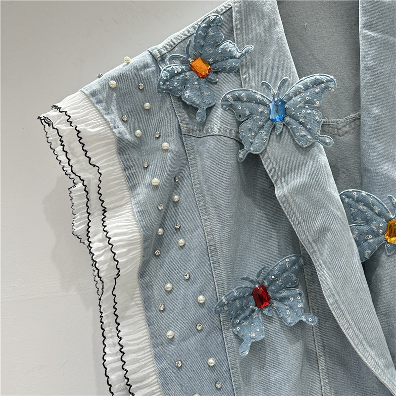 Estación europea de primavera y verano de 2025 nueva empalme de hoja de loto borde suelto versátil mariposa tridimensional jeans clip cardigan chaqueta image 3