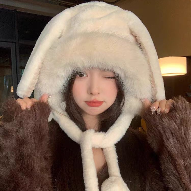 网红冬季毛茸帽可爱耳朵套头帽户外保暖护耳包头冷帽加绒加厚女帽