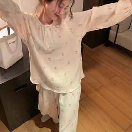 实拍2023春季新款韩版奶杏圆领家居服套装睡衣两件套女外贸批发