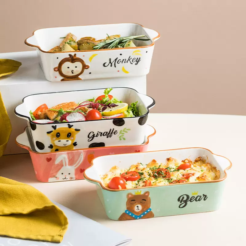 家用卡通双耳烤盘芝士焗饭盘微波炉陶瓷盘子烤箱餐具烘焙烤碗