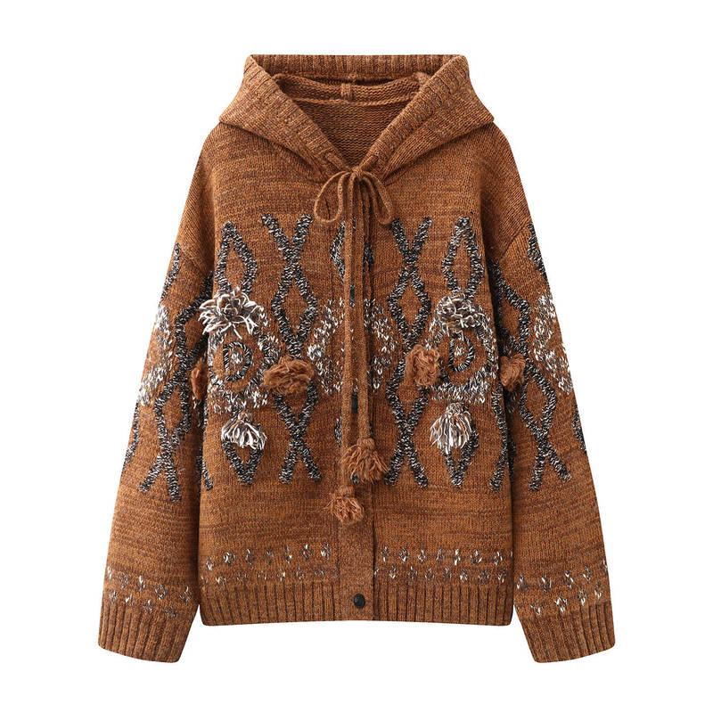 In Stock 2025 Winter New Fashion Versatile Loose Hooded Fur Ball Decorative Jacquard Knitted Cardigan for Women 2J4E512 In Stock 2025 Winter New Fashion Versatile Loose Hooded Fur Ball Decorative Jacquard Knitted Cardigan for Women 2J4E512