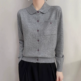 春季新款翻领精仿羊毛带兜针织开衫女外套长袖纯色外搭上衣打底衫