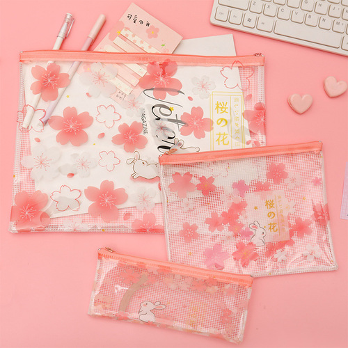 Han Cai Stationery Wholesale Unicorn Grid Bag A4 Cherry Blossom Rabbit File Bag A5 Transparent Zipper Bag B6 Storage Bag