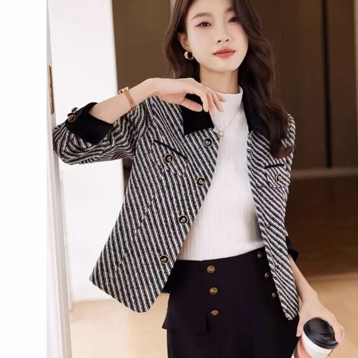 感小香风外套女春秋2025新款女装小个子气质洋气韩系条纹上衣|undefined