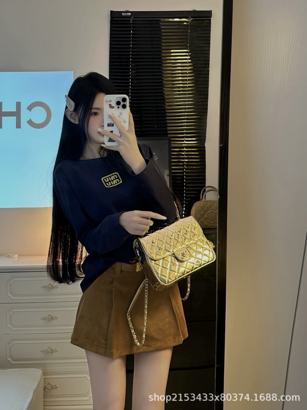 高版本M家限定藏青金线刺绣长袖T恤25早秋圆领宽松百搭上衣女|undefined