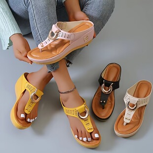 2025 cross-border new European and American style metal decorative wedge slippers (solid color flip-flops