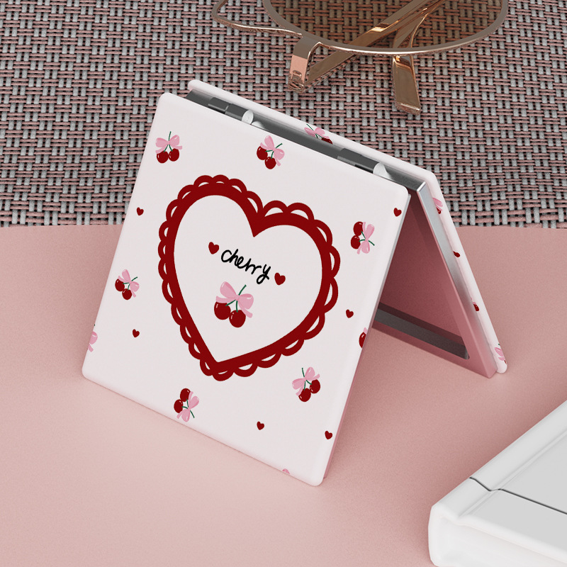 63g Weight Mirror Makeup Tools Types 1 Piece Quantity Pu Leather Material Cartoon, Peach, Cherry Pattern Cute Style Cute Cartoon Peach Cherry Pu Leather Mirror 1 Piece 5