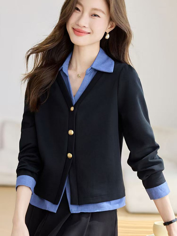 哥家商场同款女装2025秋季假两件拼接衬衫长袖高级感时尚气质上衣|undefined