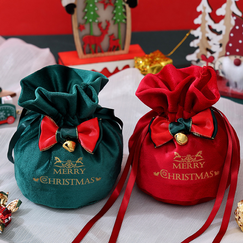 新しいクリスマスのリンゴの袋の綿布の箔押しの口のプレゼントの袋は蝶結びのクリスマスの子供のキャンディーの贈り物の袋を持ちます。|undefined