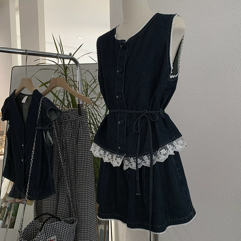 Кружевной набор Denim без рукавов, кружевное платье, высокая талия