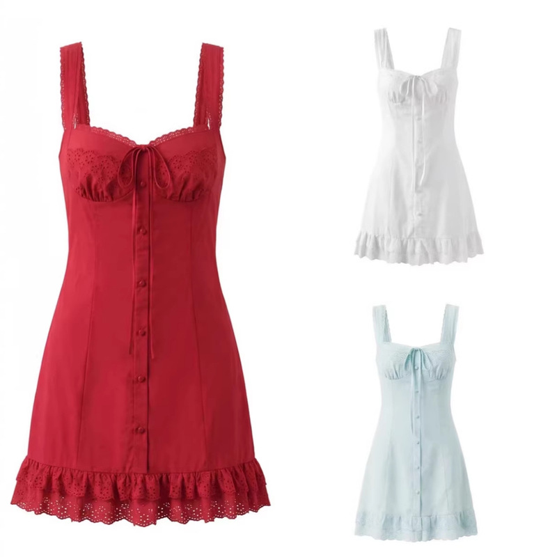 Spring New Style Sweet and Spicy French Retro Square-Neck Sweet Lace Trim Tie-Waist Slim-Fit Mini Dress Spring New Style Sweet and Spicy French Retro Square-Neck Sweet Lace Trim Tie-Waist Slim-Fit Mini Dress