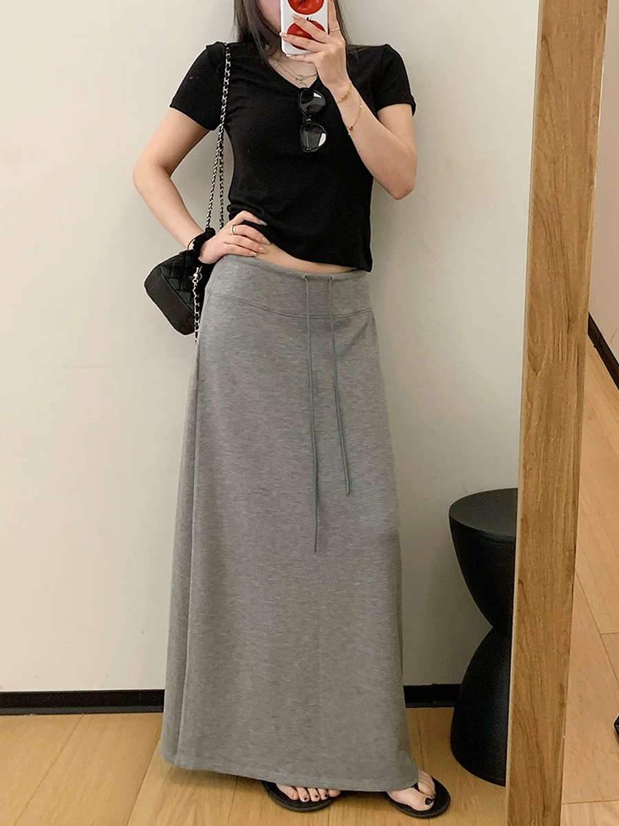 Đầm maxi nữ cotton Tencel xếp nếp xẻ tà — đen, màu xám nhạt