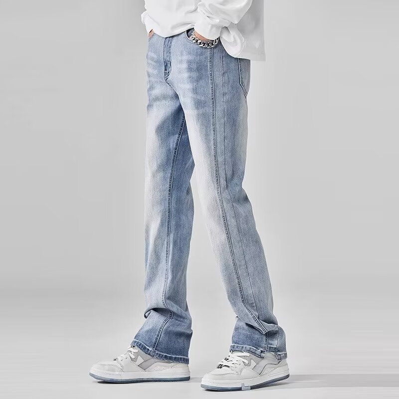 2024 Spring and Autumn New High Street Yellow Clay Scale Pantalones de trapeador de mezclilla elástica lavados de gran tamaño para hombres