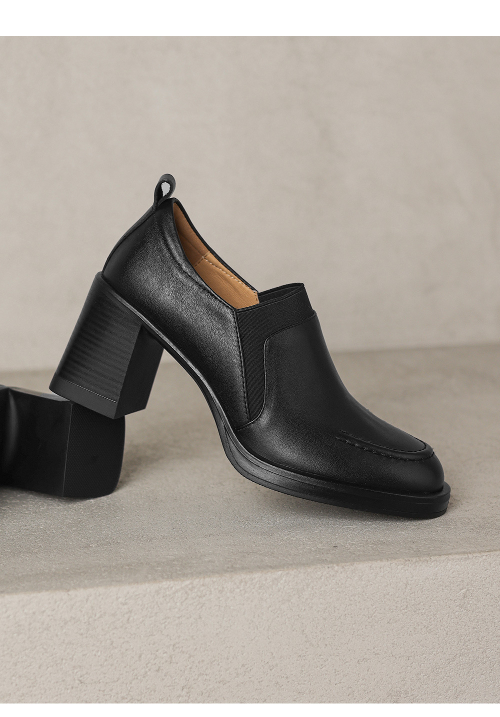 Giày cao gót nữ loafer cổ điển mũi sâu gót vuông 7.5 cm da bò thật — màu nâu chi tiết 21
