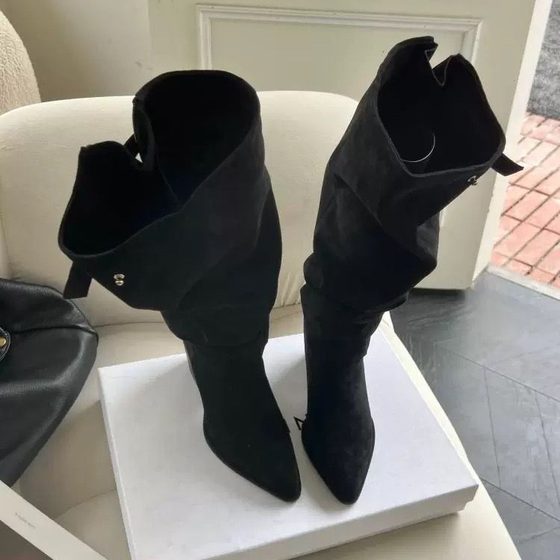 Song Xixi 2024 New European and American Spice Girls Boots Oversized Barrel Heap Boots Thick Heel Pointed High Heel Slim Knight Boots