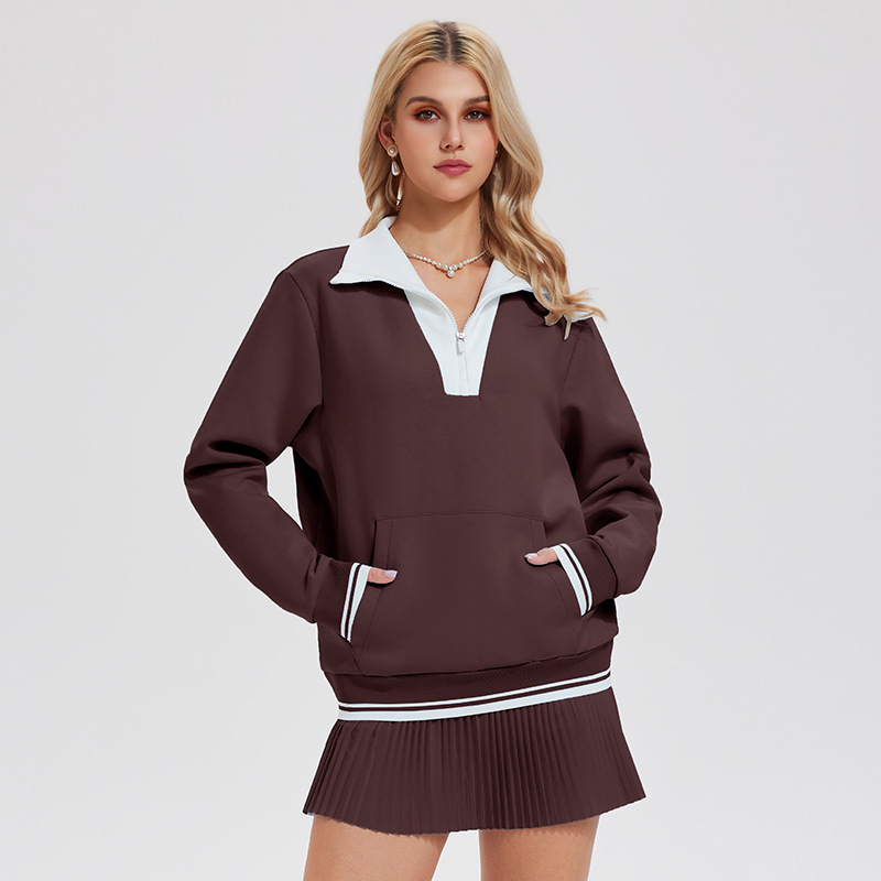 Transfronterizo amazon americano camiseta deportiva de alta calidad otoño invierno retro empalme con solapas de manga larga camiseta casual para mujeres image 8