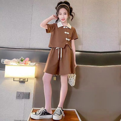 女童套裝夏裝2024新款洋氣兒童韓版夏季時髦中大童學院風復古套裝