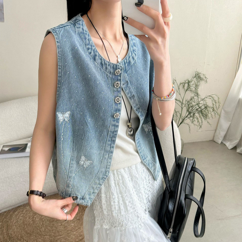 European-Style Rhinestone Butterfly Round-Neck Denim Vest for Women, Sleeveless Outerwear, Thin Vest, 2026 Spring/Summer New Model