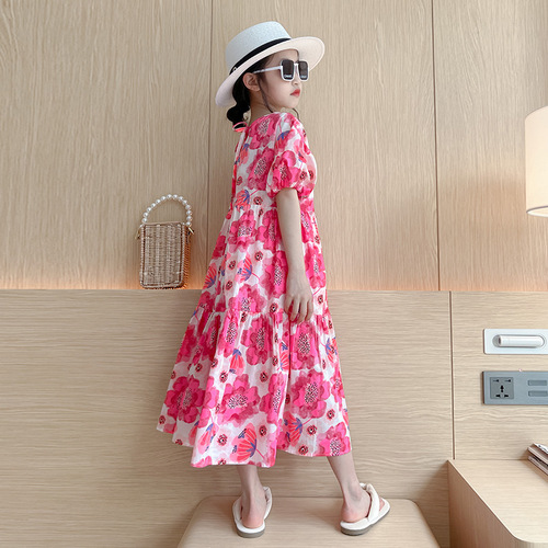 Girls large floral dress 2024 new summer dress children's style loose Korean style floral lazy skirt for big girls