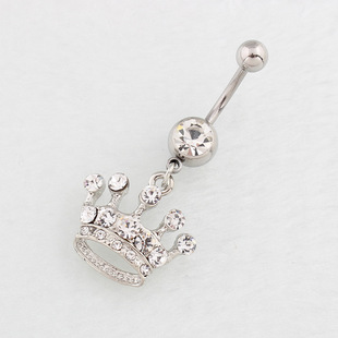 Cross-border belly button ring white diamond crown nail allergy medical stainless steel rod body puncture fashion jewelry manufacturers