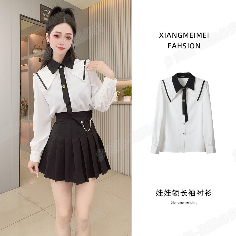2024 New Spring and Autumn French Long Sleeve Shirt Doll Lapel Fashion Slim Fit Cute 3965