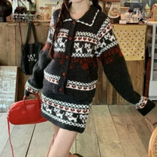 美式复古小狗花纹针织毛衣女外套女秋冬季慵懒风高腰半身裙两件套