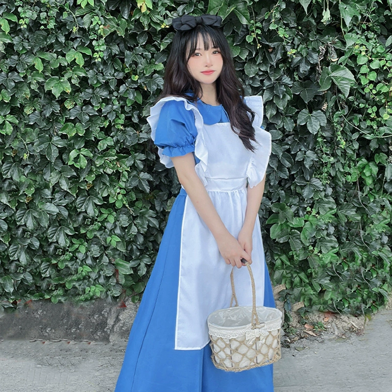 Платье принцессы в стилеLolita, короткий рукав, голубой Apron с аксессуаром для волос, размеры S–XL