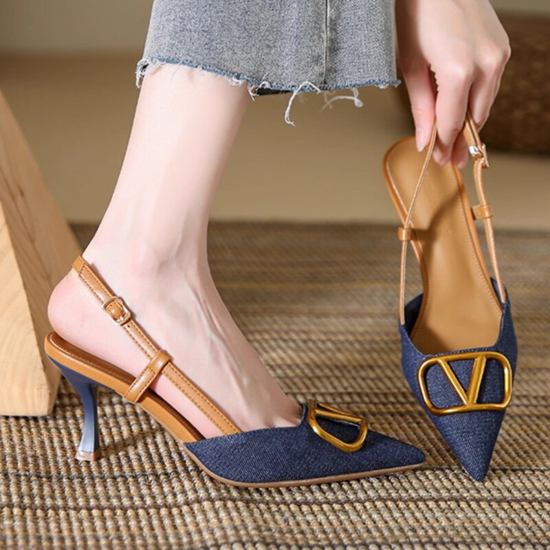 French Elegant Design Sense Pointed High Heel Shoes Spring and Autumn New Beautiful Elegant Fine Heel Denim High Heel Sandals